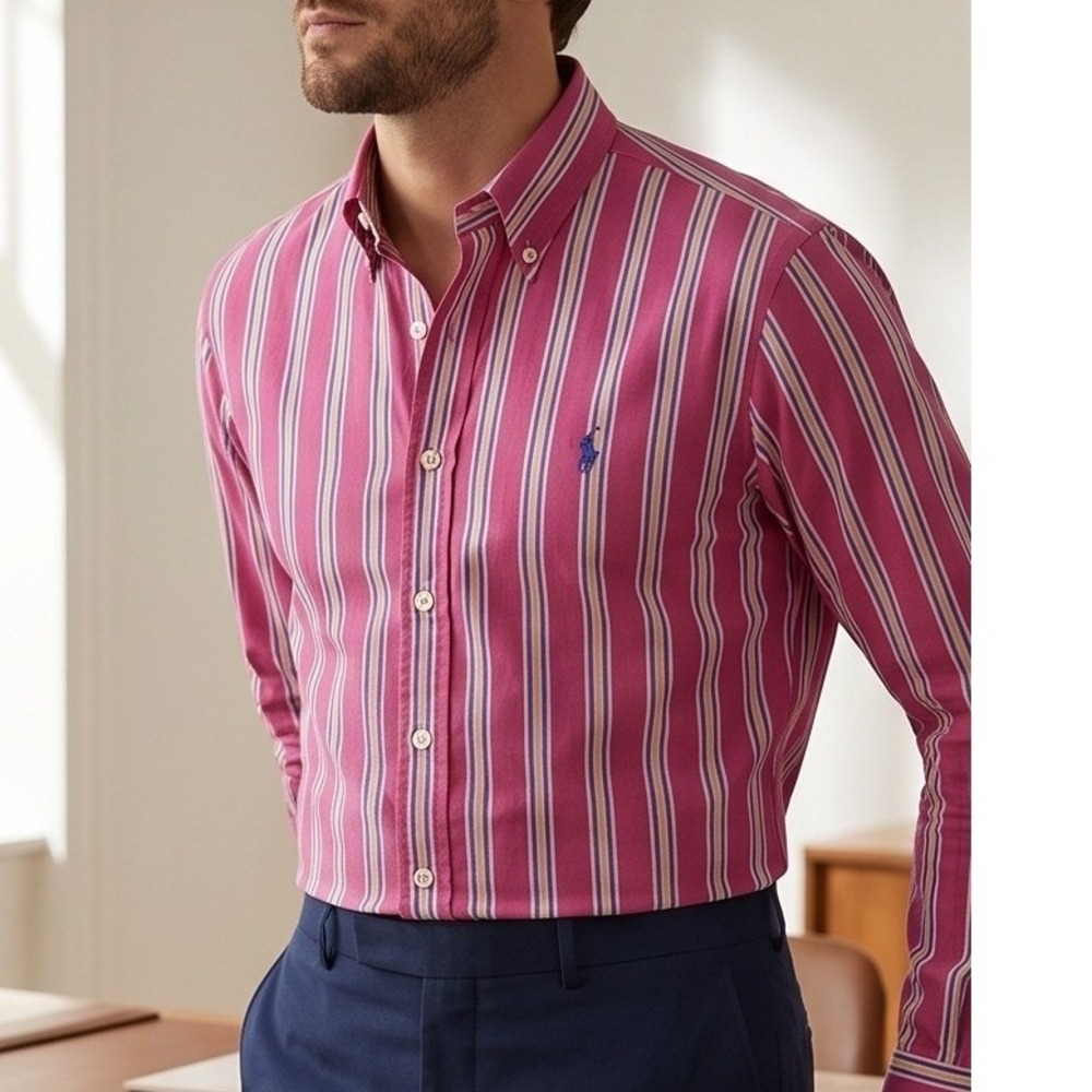 Ralph Lauren Mens 16T Classic Fit Striped Button Down Shirt Pink Multi 16 L Tall